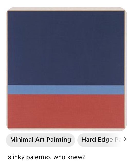 a rectangular abstract art work of three solid color fields, dark blue for the top 60pct, light blue like a horizon line 10pct, and red 30pct, with captions from pinterest of minimalist art painting and hard edge painting, with a caption, slinky palermo. who knew?
